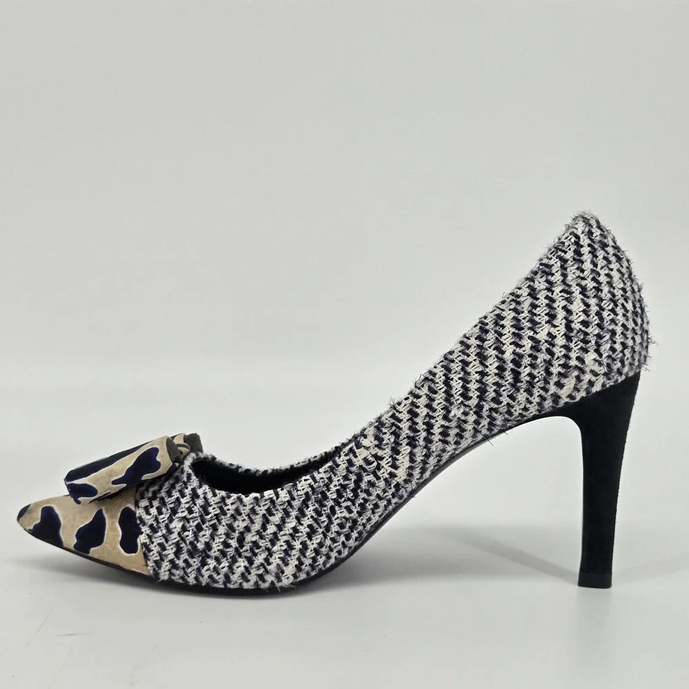 Tory Burch Cleo Tweed Leopard Silk Bow Pointed Toe Stiletto Pumps Heels 7M 3.5